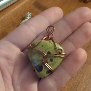 Handcrafted Green Stone Pendant with Copper Wire Wrap